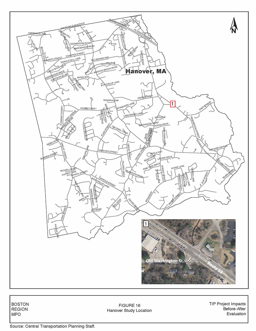 FIGURE 16. Hanover Study LocationsFigure 16 is a GIS map of the Town of Hanover and includes an aerial image insert for the Route 53 at Old Washington/Pond Street study intersection.